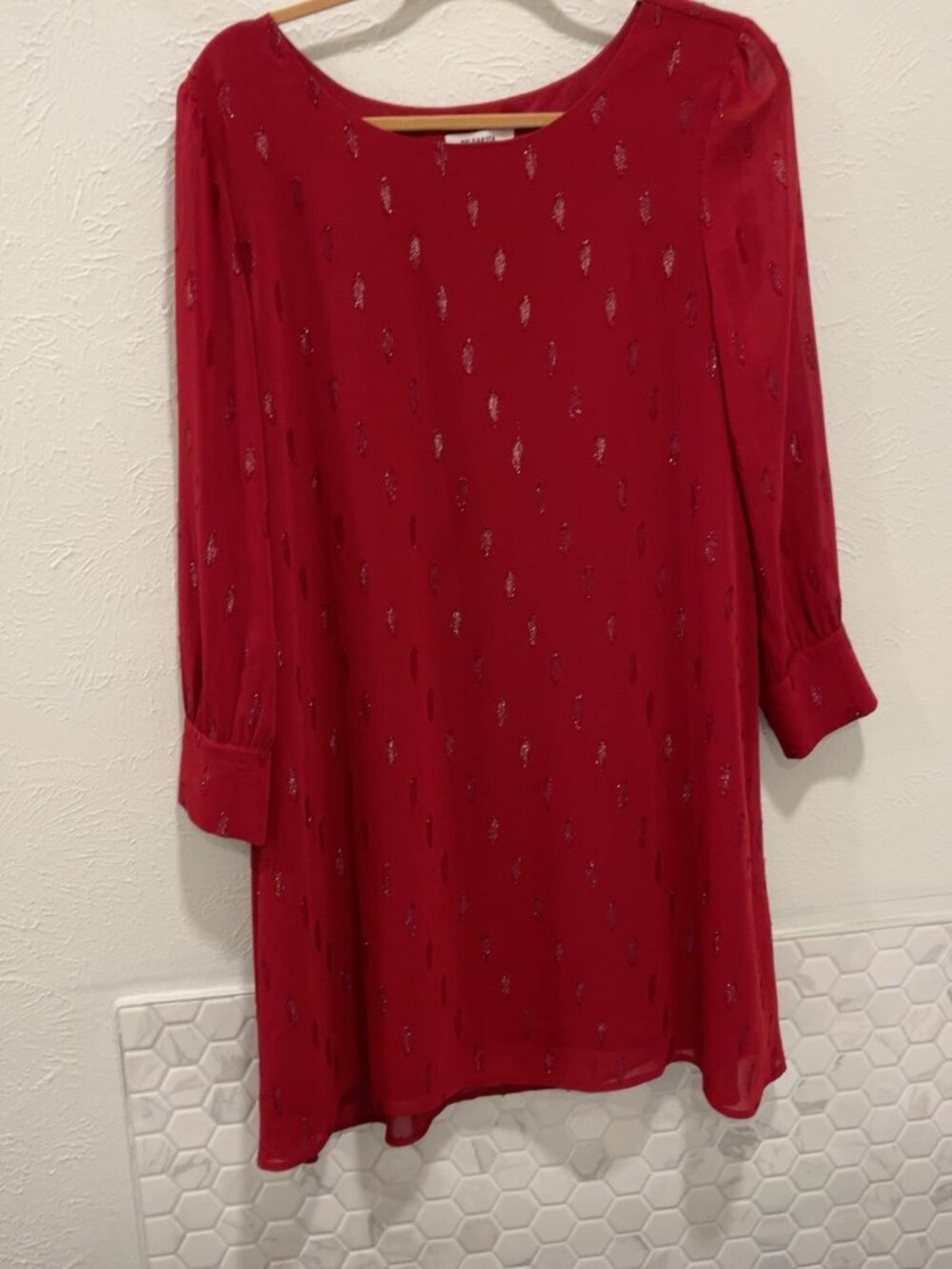 BB Dakota Dayna Wine Red Metallic Dot Long Sleeve Shift Dress